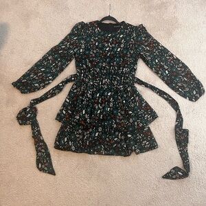 Elegant Floral Long Sleeve Dress with Waist Tie